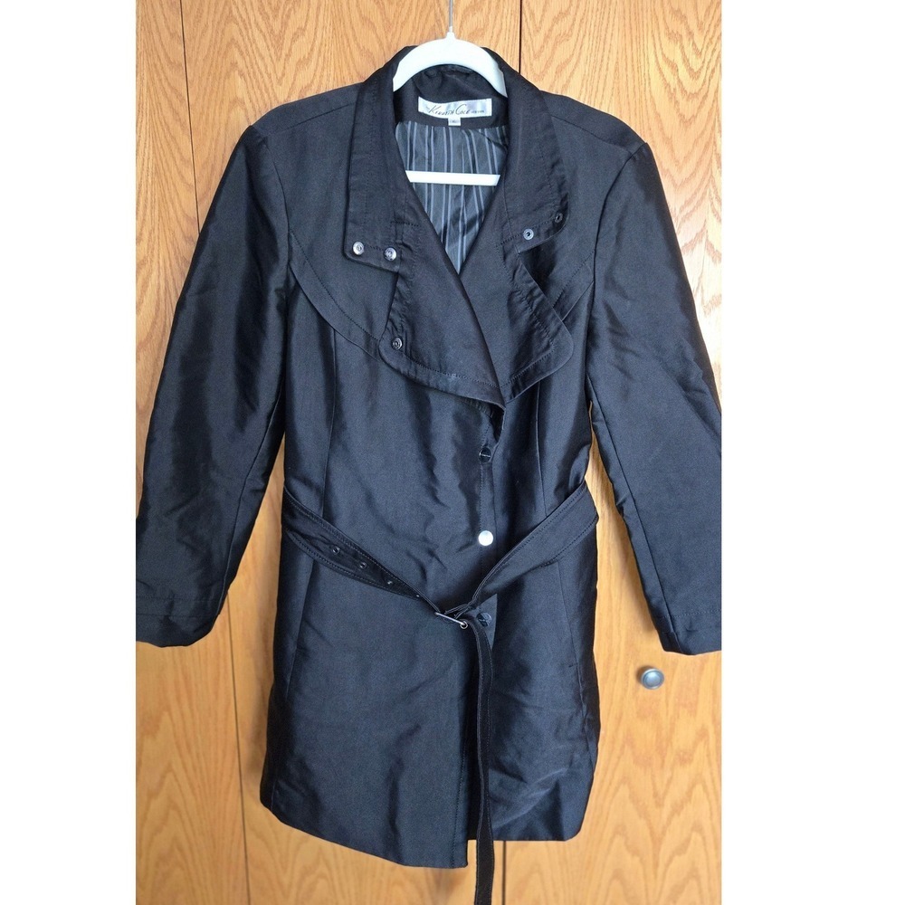 Kenneth Cole New York Black Belted Trench Coat Jacket XL Pinstripe‎ Lining